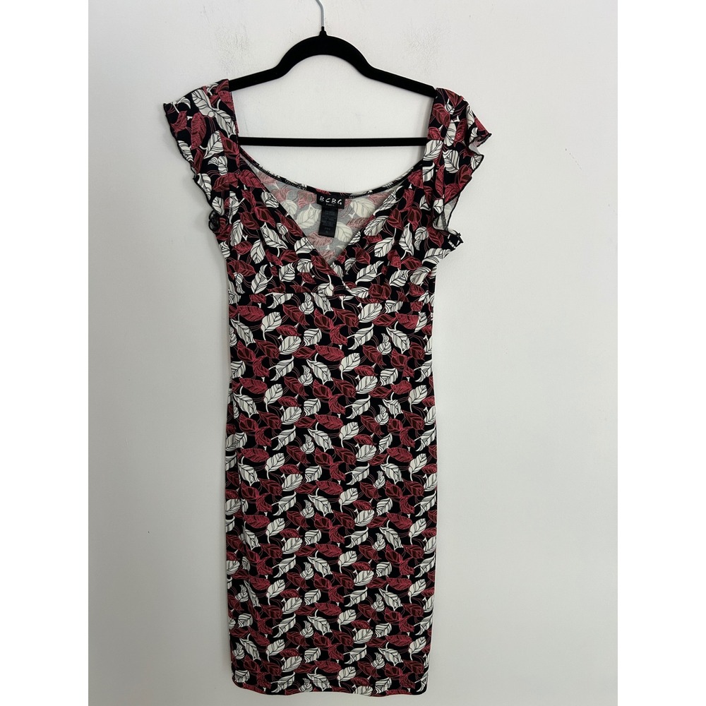 BCBG Paris Womens Red White Black Leaf Print Ruffle Sleeve Sheath Dress Size M
